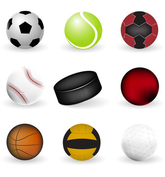 Sport icons, balls and puck on a white background