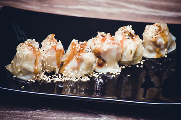 fried gyoza dumplings with sauce
