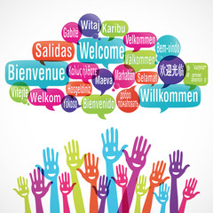 nuage de mots & mains souriantes : bienvenue © Jérôme Rommé