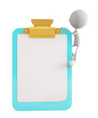 White character with writing pad