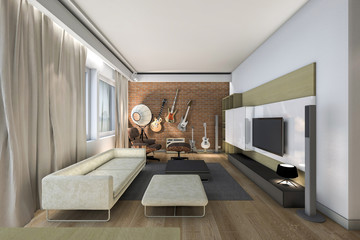living room with brick wall