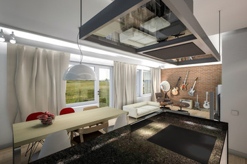 living room with brick wall