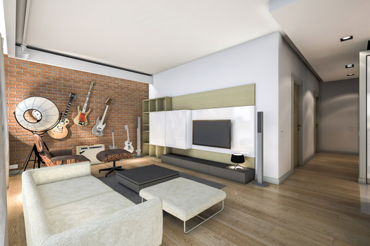 living room with brick wall