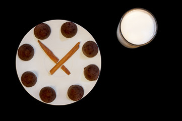 Glass of milk and a chocolate truffle fantasy clock
