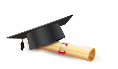 Black graduation cap with degree Isolated on white - obrazy, fototapety, plakaty
