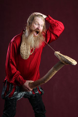 a man in a red shirt