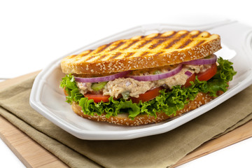 Grilled Tuna Panini Sandwich on white background