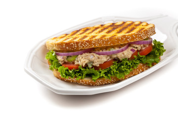 Grilled Tuna Panini Sandwich on white background