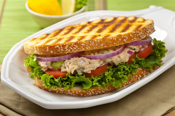 Grilled Tuna Panini Sandwich. Selective focus.