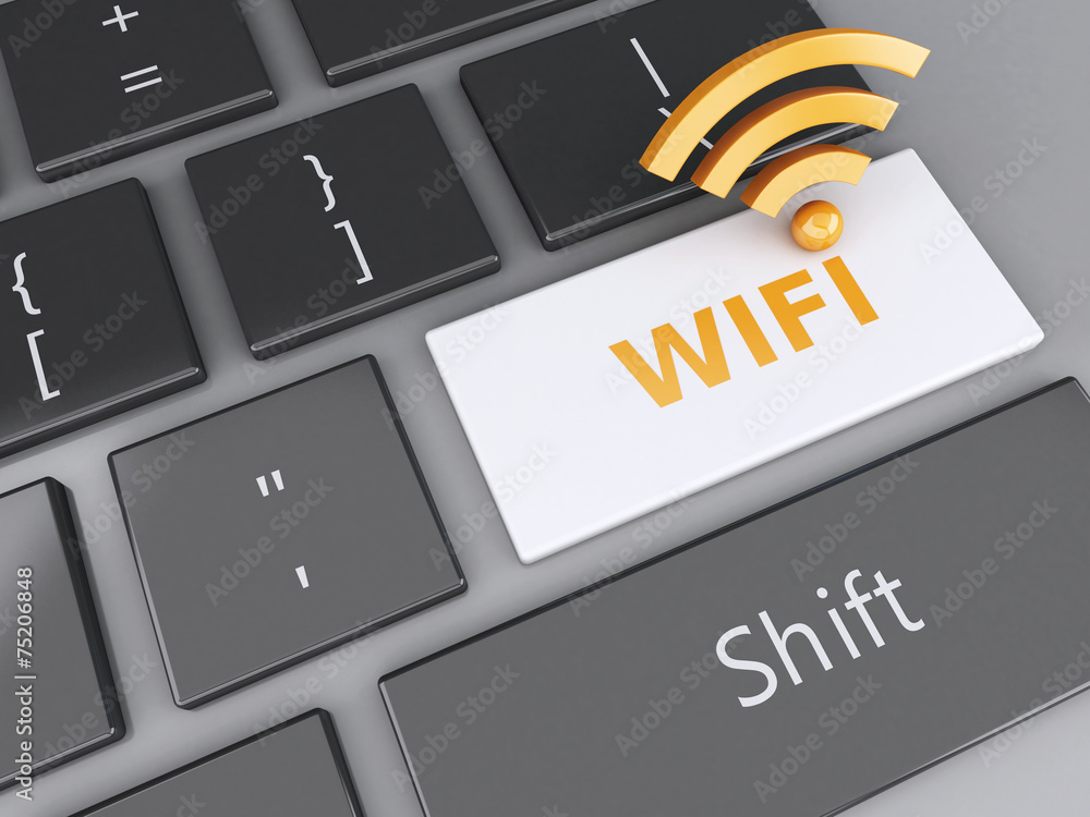 Poster wifi button on computer keyboard. 3d illustration