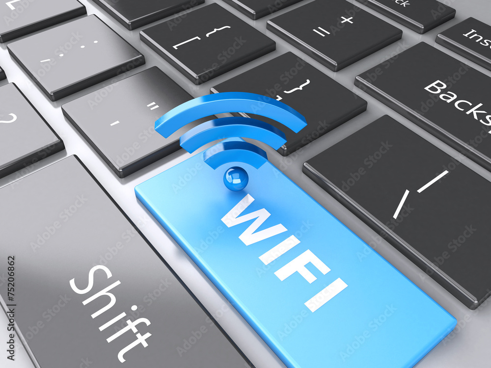 Poster wifi button on computer keyboard. 3d illustration