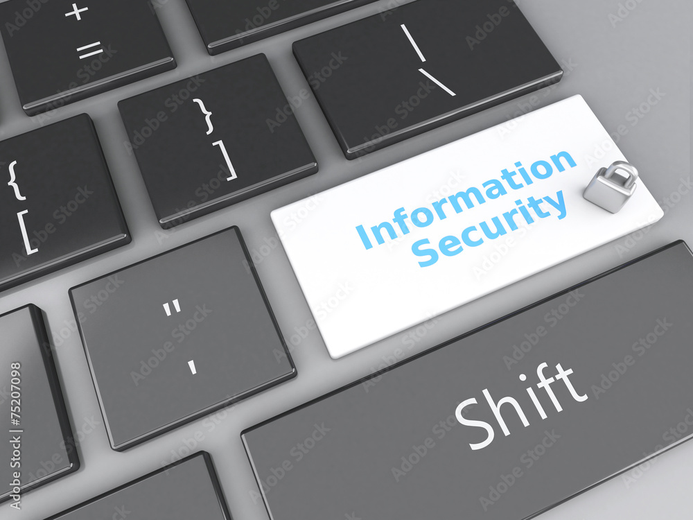 Poster padlock and information security on computer keyboard. 3d illus