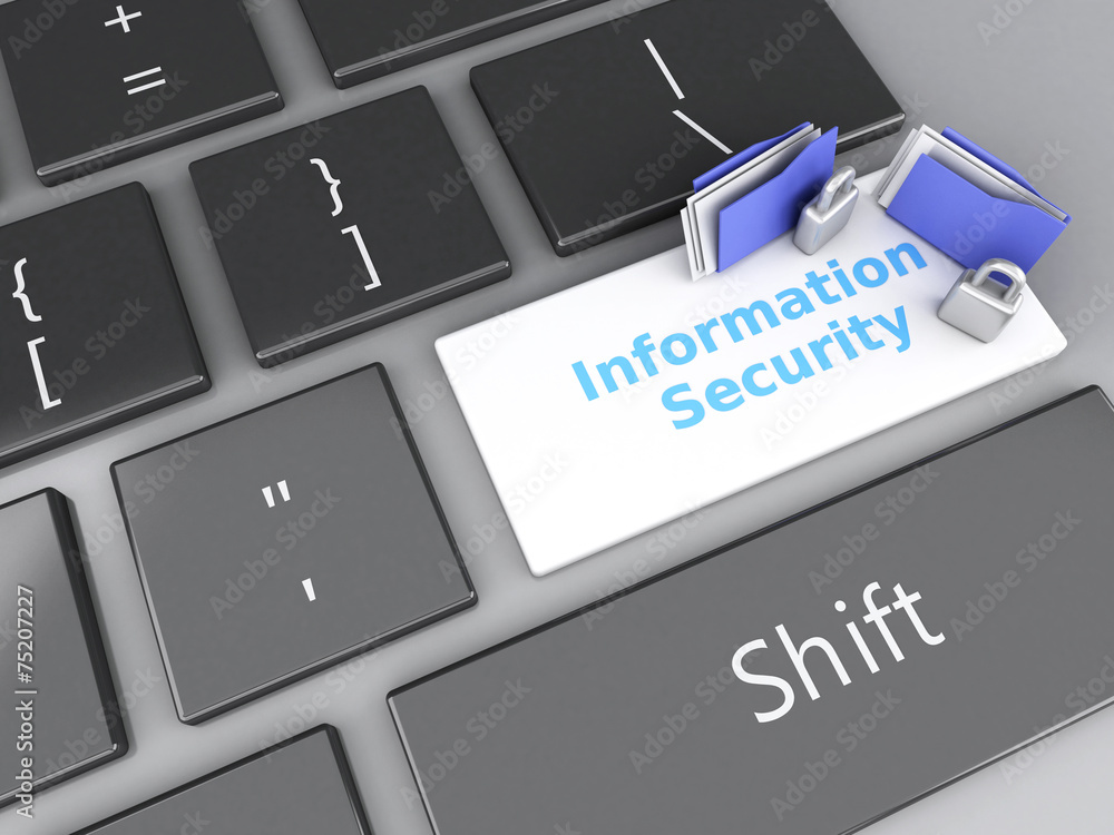 Poster closed padlock, folder and information security on computer keyb