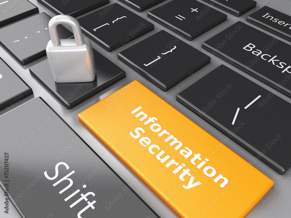 Poster closed padlock and information security on computer keyboard. pr