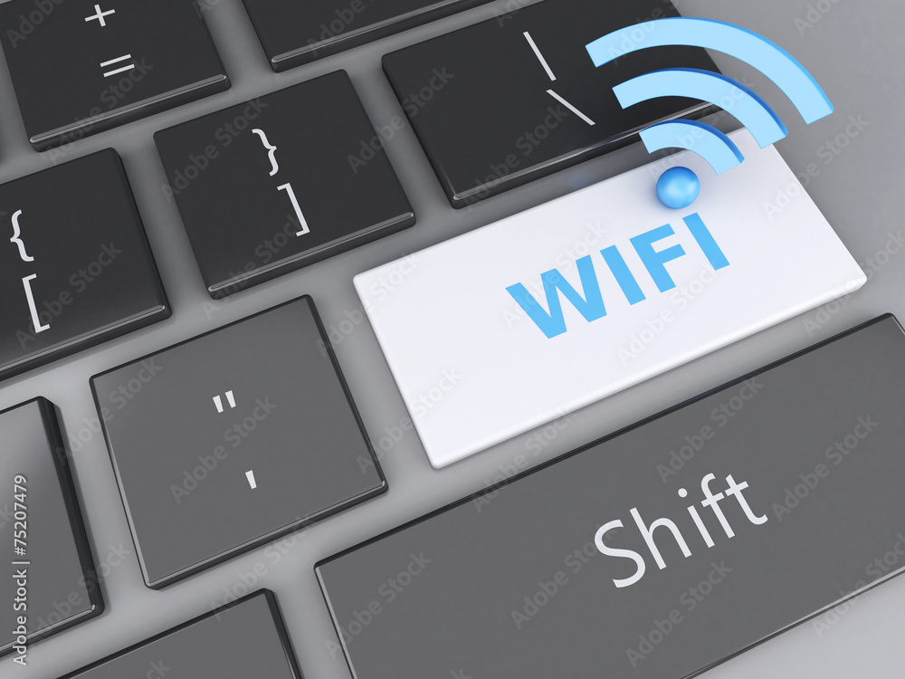 Poster wifi button on computer keyboard. 3d illustration