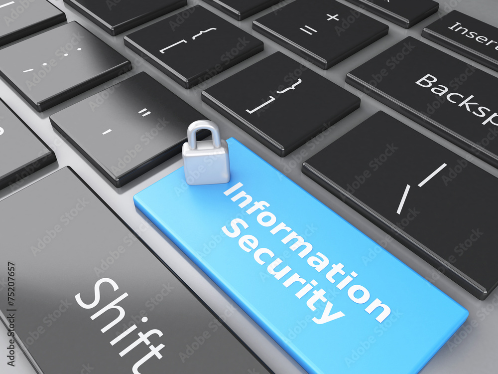 Poster closed padlock and information security on computer keyboard. pr