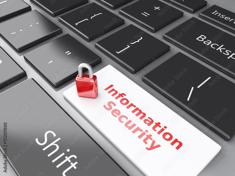 Poster closed padlock and information security on computer keyboard. pr