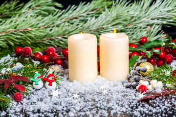 Christmas concept of snowman, evergreen branches, red leaves, be