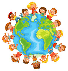Naklejka premium Earth Day. Cute little kids. Vector illustration