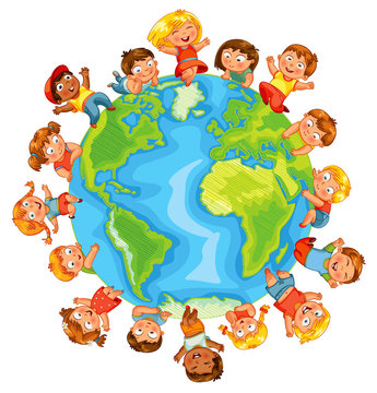 Earth Day. Cute little kids. Vector illustration