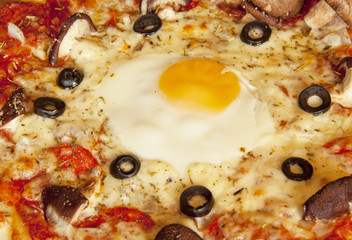 pizza with fried egg including black olives,mushroom,cheese