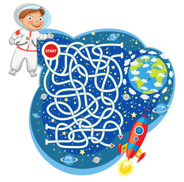 Fototapeta Maze Game with Solution. Funny cartoon character