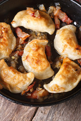 hot fried dumplings in a frying pan macro. Vertical top view