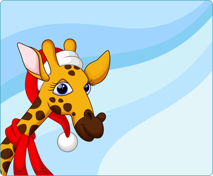 Cute giraffe wearing a Christmas hat with a blue background