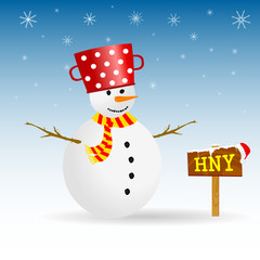 snowman with red hat and wooden sign vector