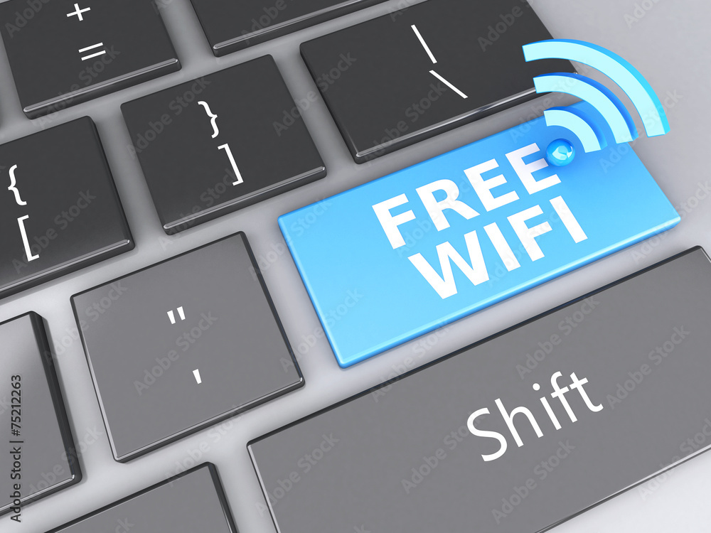 Poster free wifi button on computer keyboard. 3d illustration