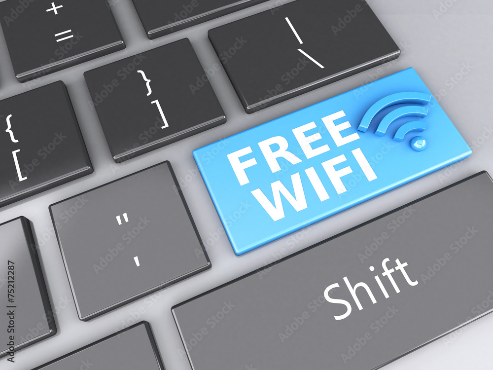 Poster free wifi button on computer keyboard. 3d illustration