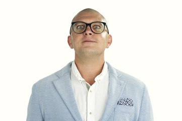 man doing silly face with nerd glasses isolated