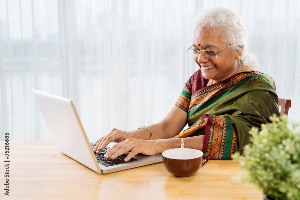 Wall mural Happy woman with laptop