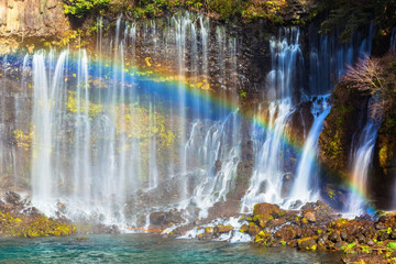 Shiraito no Taki waterfall with rainbow