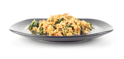 Thai spicy food  Stir fried chicken with basil on white