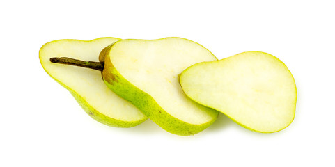 Three slices of tasty juicy green pear on white