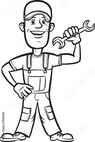 "whiteboard drawing - cartoon plumber with wrench" Stock image and