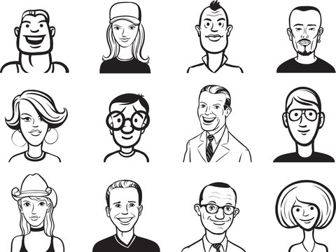 whiteboard drawing - collection of people cartoon faces