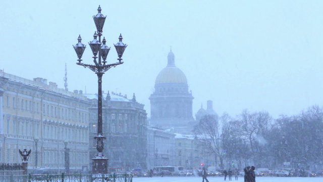 View of St. Isaac's Cathedral in the snow in the winter