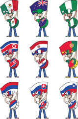 collection of sports fans holding flags and beating on drums