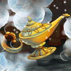Cartoon fairy tale scene with flying magical lamp - illustration for children © honeyflavour