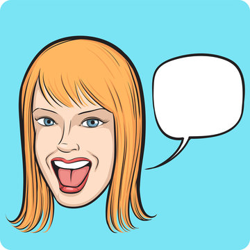 laughing young woman with speech bubble