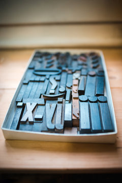 Old wooden printing type, font characters