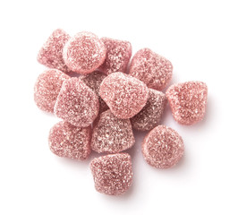 Purple colored sugar jelly candy over white background