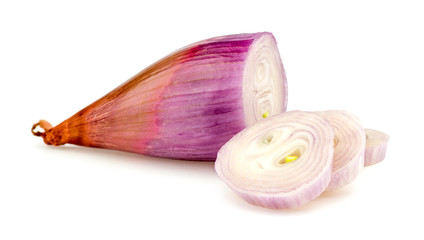 Sliced banana shallot onion on white