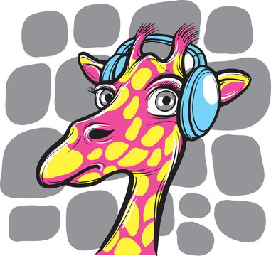 curious giraffe with headphones