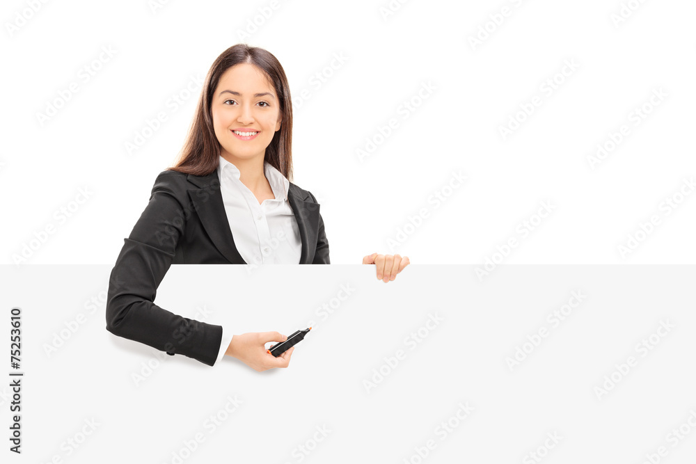 Sticker Pretty businesswoman trying to write notes on a panel