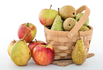 Pears and apples on white background