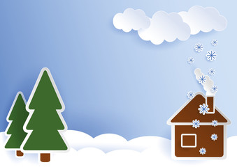 winter landscape cloud with snowflakes small brown house