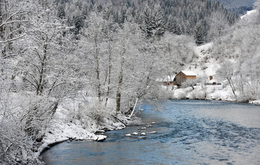 winter landscape with a blue river